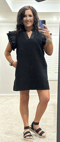 Black Quilted Dress w/ Ruffle Sleeve