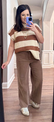 Brown Wide Leg Cotton Ankle Length Pants