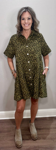 Olive Leopard Button Down Dress