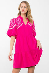 Pink Embroidered Sleeve Tiered Dress