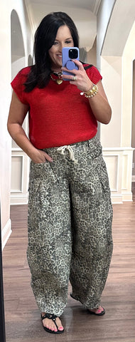 Washed Leopard Barrel Pant W/ Cord Tie