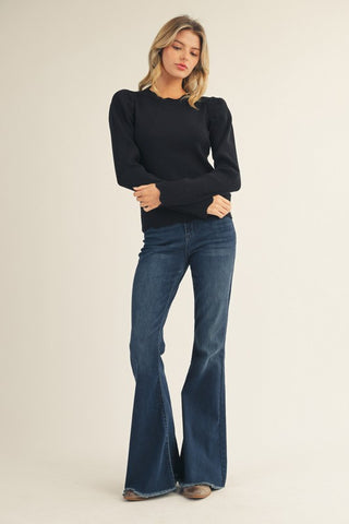 Black Scallop Hem Puff Sleeve Ribbed Long Sleeve Top