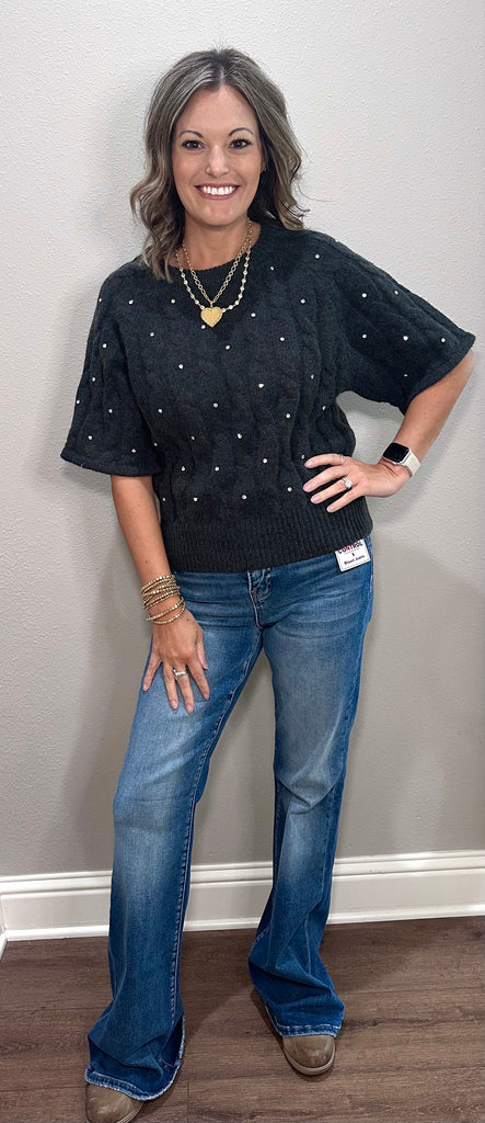Charcoal Cable Knit Short Sleeve Sweater w/ Rhinestone Accents