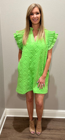 Lime Green Quilted Dress w/ Ruffle Sleeve