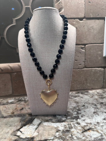 Black Beaded Necklace w/ Beaded Heart Charm - 2 Sided (Magnetic Closure)