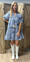 Blue & White Puff Sleeve Pattern Dress
