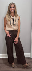Light Mocha Knit Sleeveless Sweater Top w/ Neck Tie
