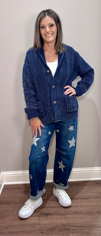 Denim Blue Corded Sweater Cardigan w/ Concho Buttons