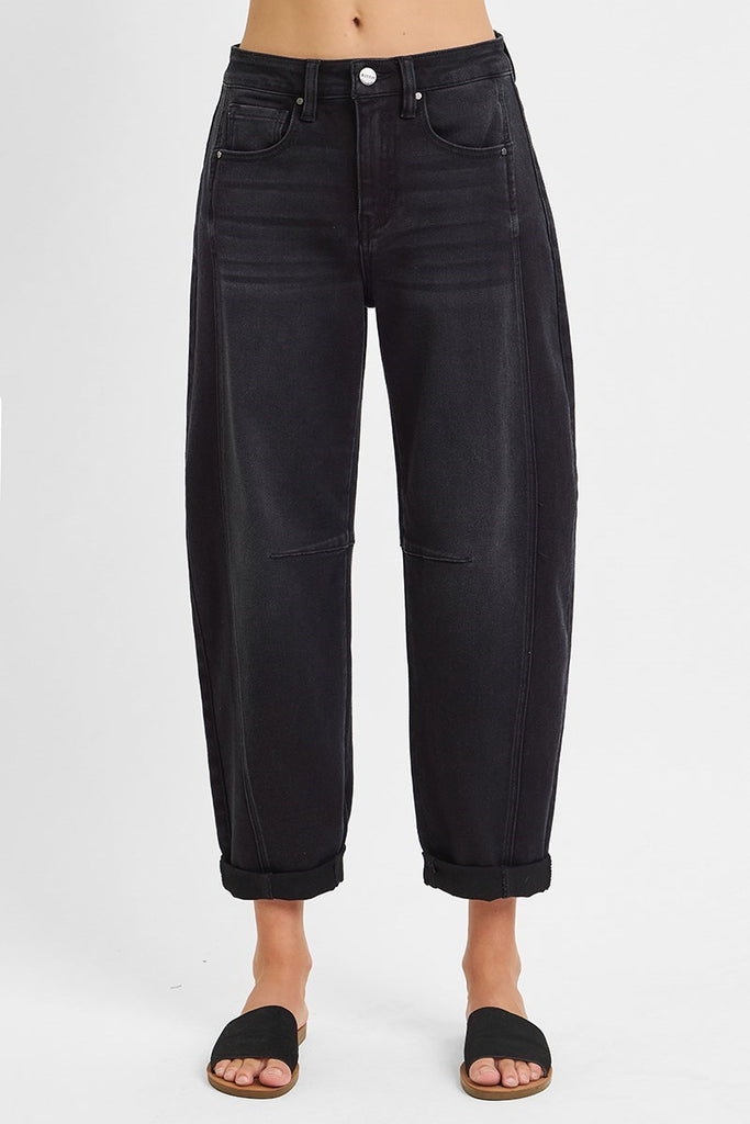 Risen Black High Rise Cropped (SLIGHT) Barrel Jeans
