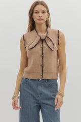 Light Mocha Knit Sleeveless Sweater Top w/ Neck Tie