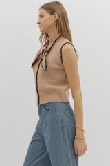 Light Mocha Knit Sleeveless Sweater Top w/ Neck Tie