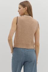 Light Mocha Knit Sleeveless Sweater Top w/ Neck Tie