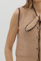 Light Mocha Knit Sleeveless Sweater Top w/ Neck Tie
