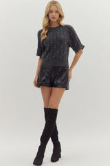 Charcoal Cable Knit Short Sleeve Sweater w/ Rhinestone Accents