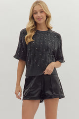 Charcoal Cable Knit Short Sleeve Sweater w/ Rhinestone Accents