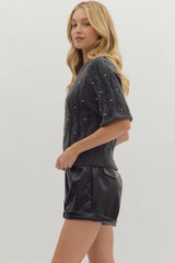 Charcoal Cable Knit Short Sleeve Sweater w/ Rhinestone Accents