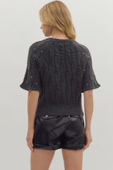 Charcoal Cable Knit Short Sleeve Sweater w/ Rhinestone Accents