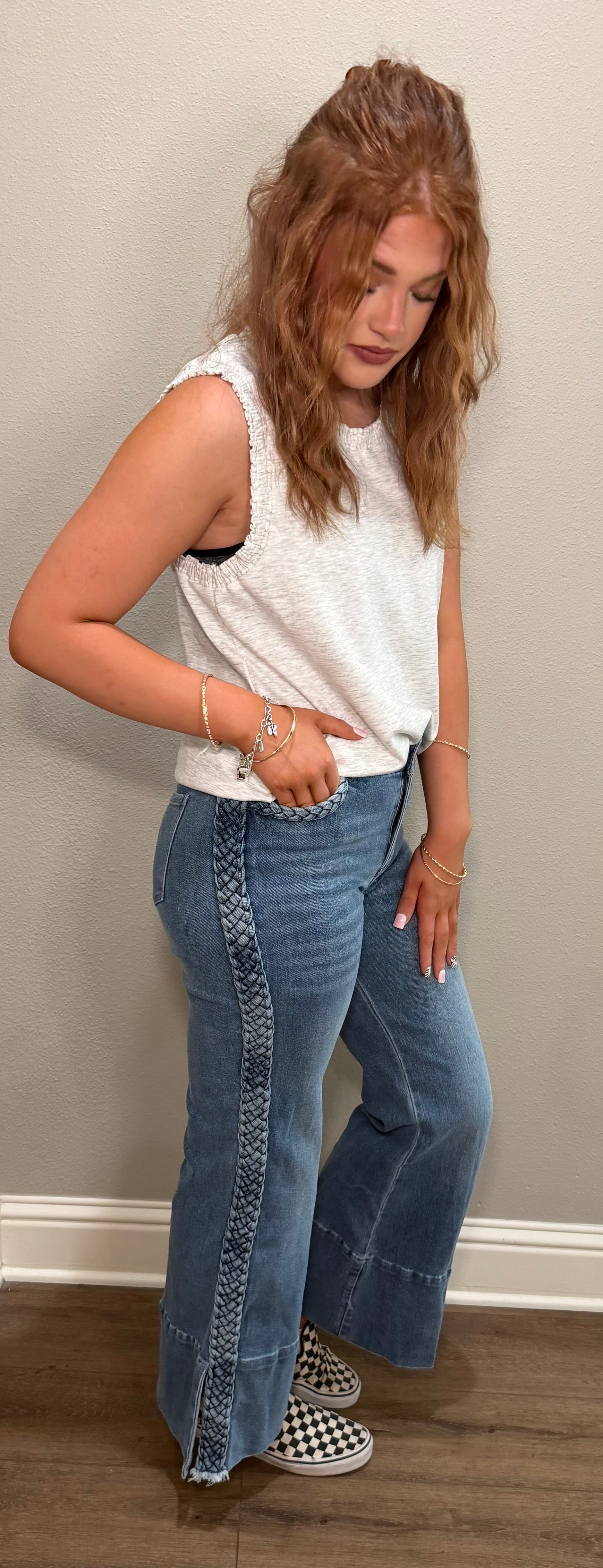 Wide Leg Denim Jeans w/ Braided Side Details