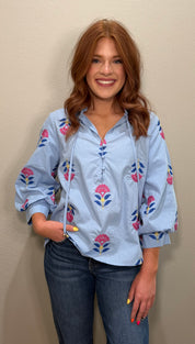 Chambray Embroidered 3/4 Sleeve Top