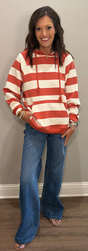 Rust & Cream Stripe Hooded Pullover