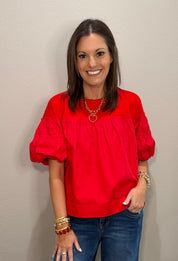 Red Pleated Puff Sleeve Mixed Fabric Top
