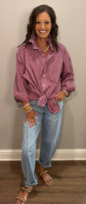Deep Red Plaid Ruffle Collar Button Down Top