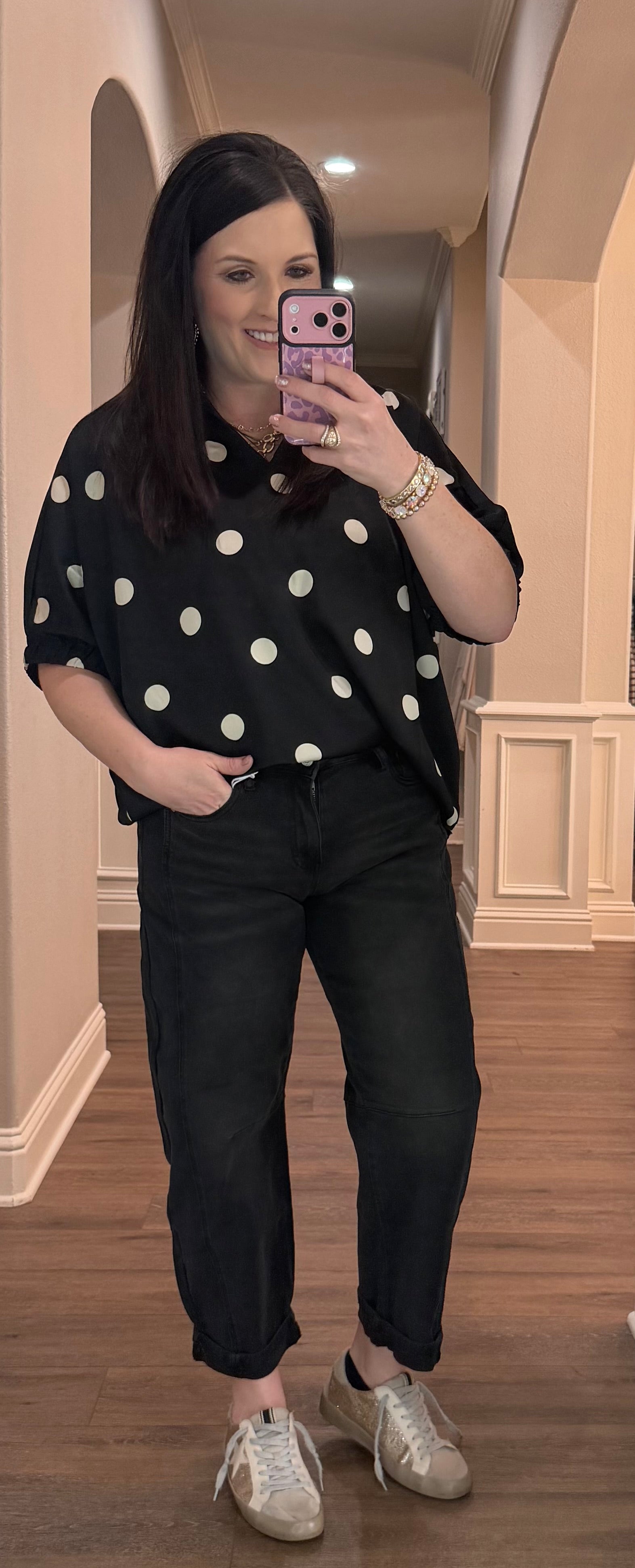 Black Polka Dot Satin V Neck Top