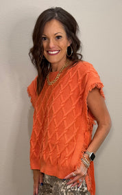Rust Cable Knit Sleeveless Sweater Vest w/ Side Tie Details