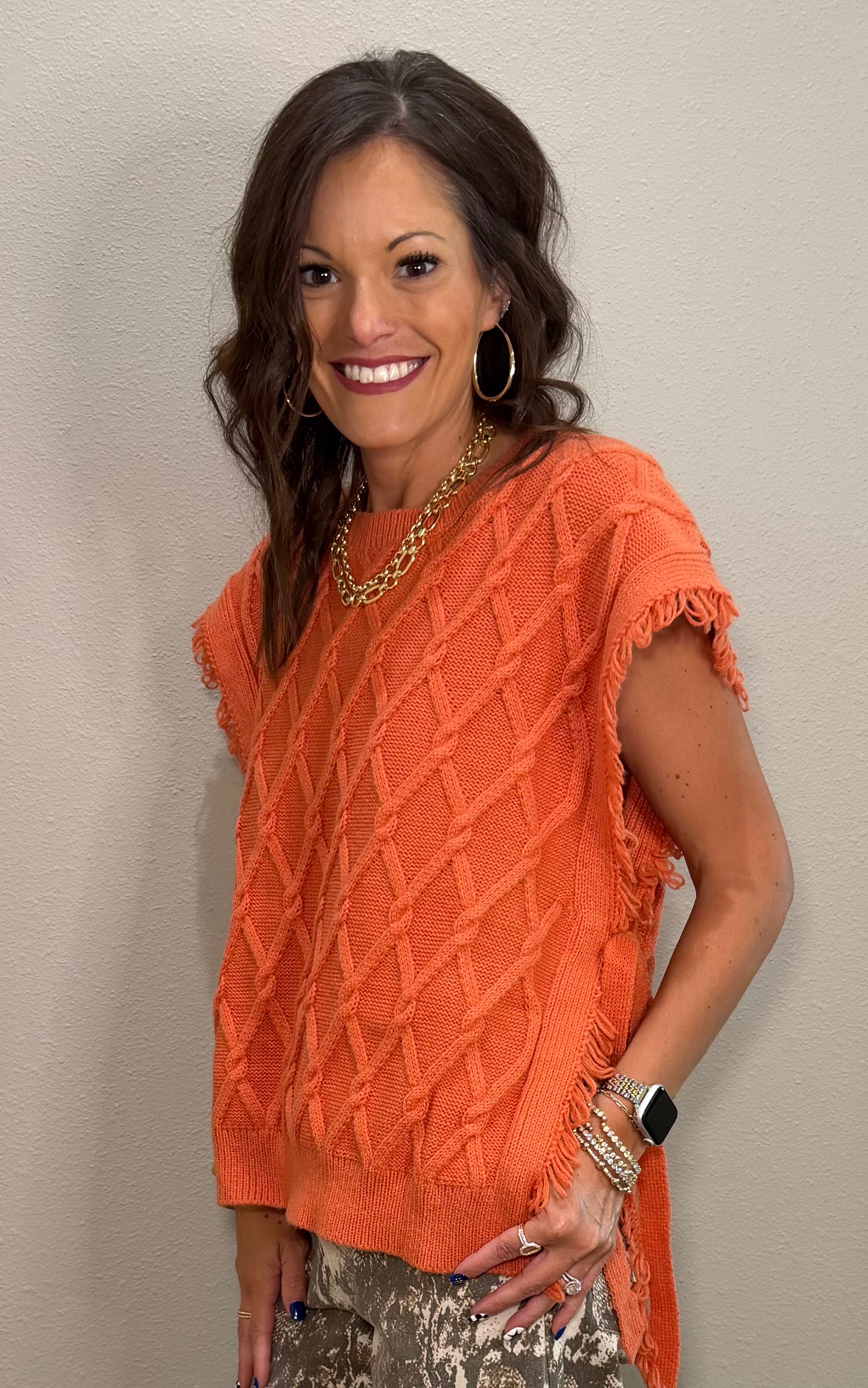 Rust Cable Knit Sleeveless Sweater Vest w/ Side Tie Details