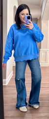 Blue Sweatshirt w/ Pearl Sleeve Details & Lettuce Hem