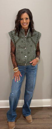 Olive Embroidered Denim Vest
