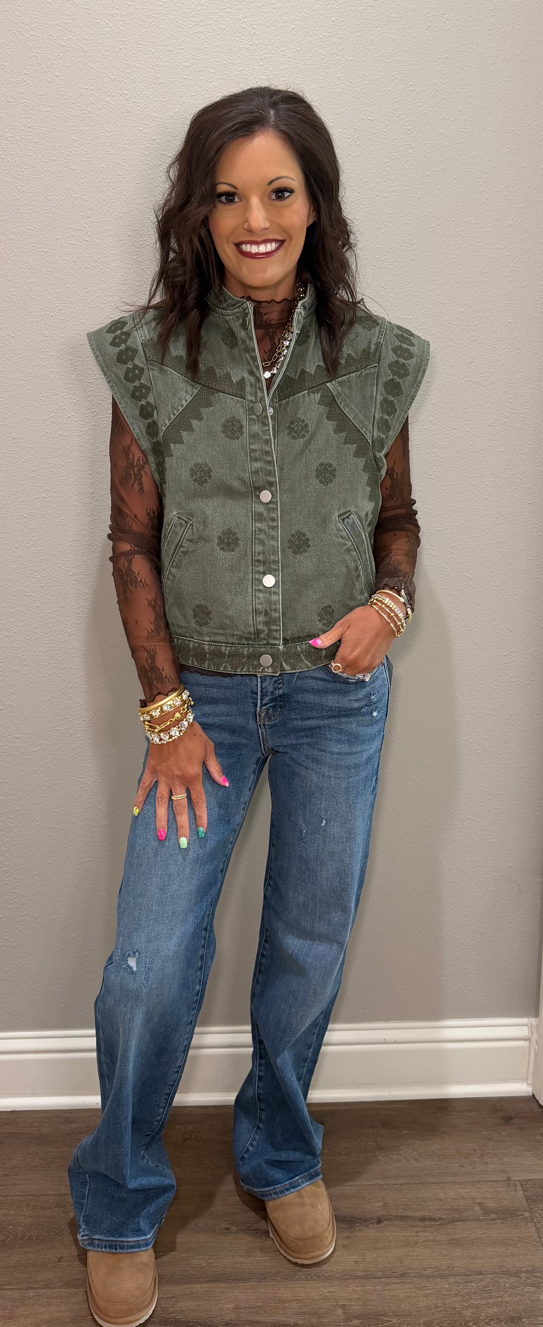 Olive Embroidered Denim Vest