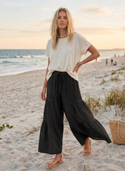 Black Linen Blend Tiered Wide Leg Pants