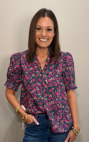 Navy Floral Puff Sleeve Button Down Top