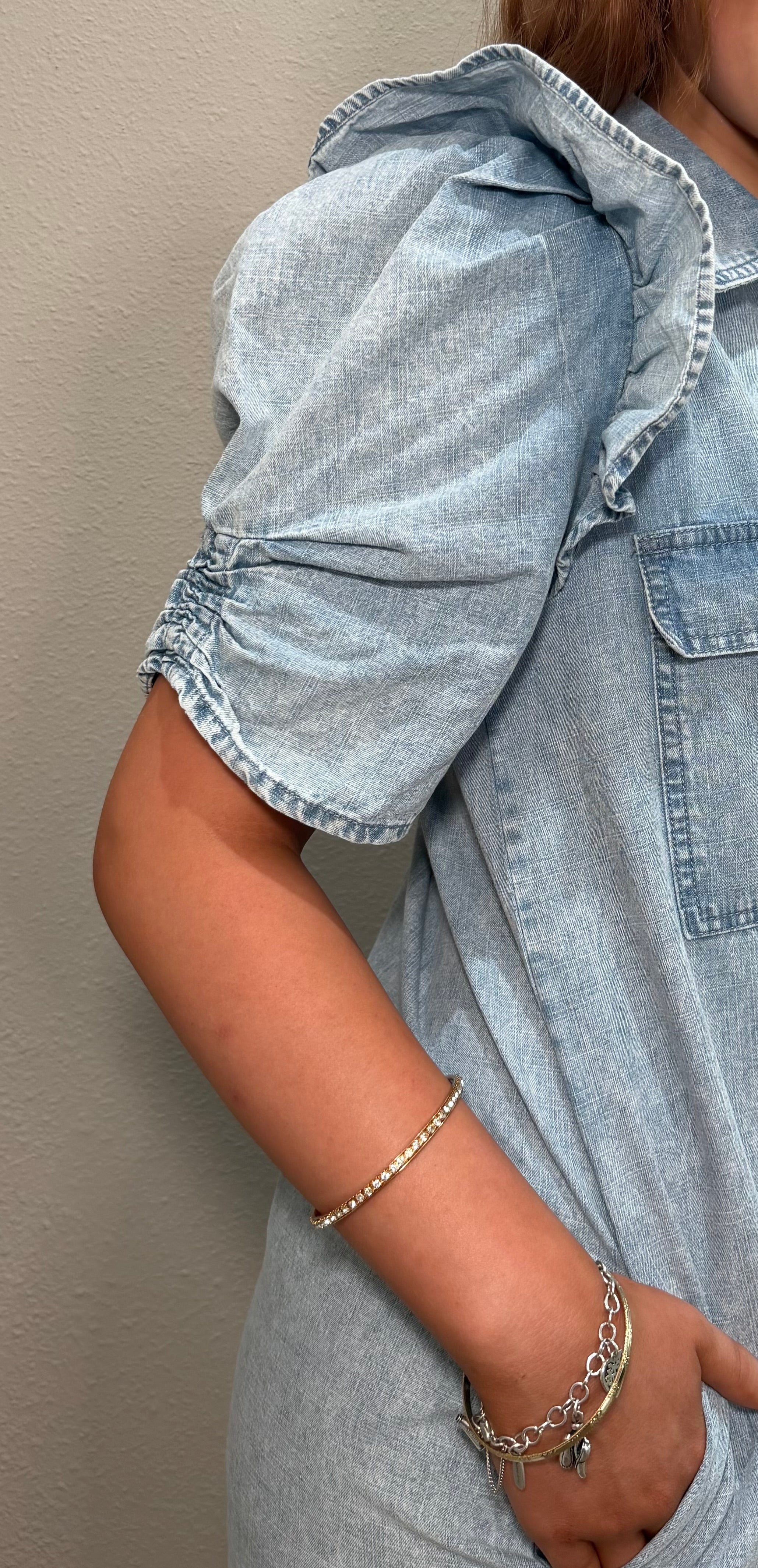 Ruffle Shoulder Detailed Chambray Button Down Dress