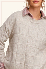 Oversized OATMEAL Windowpane Patterned Two Tone Sweater