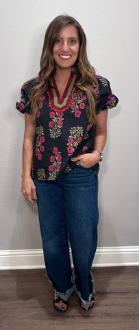 Black Floral Puff Sleeve Top