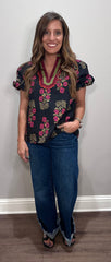 Black Floral Puff Sleeve Top