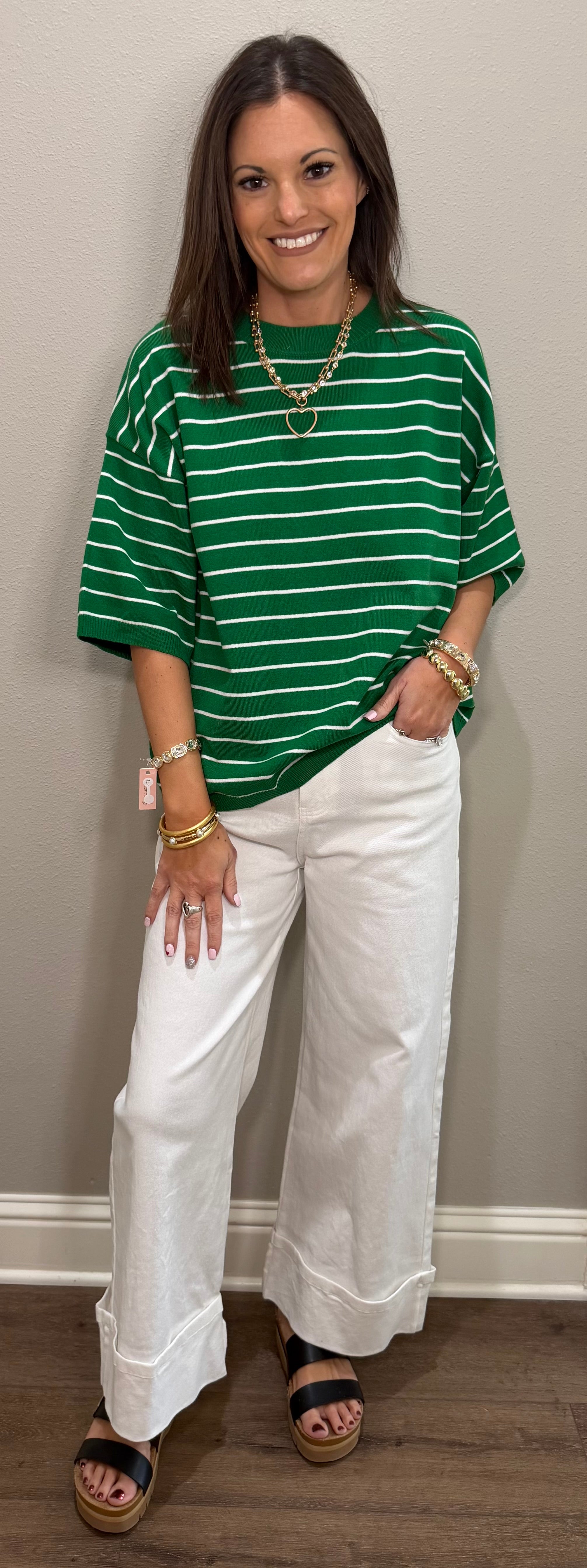 Green & White Striped Knit Top