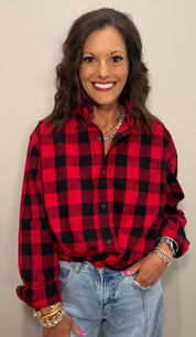 Red & Black Buffalo Check Ruffle Collar Shirt