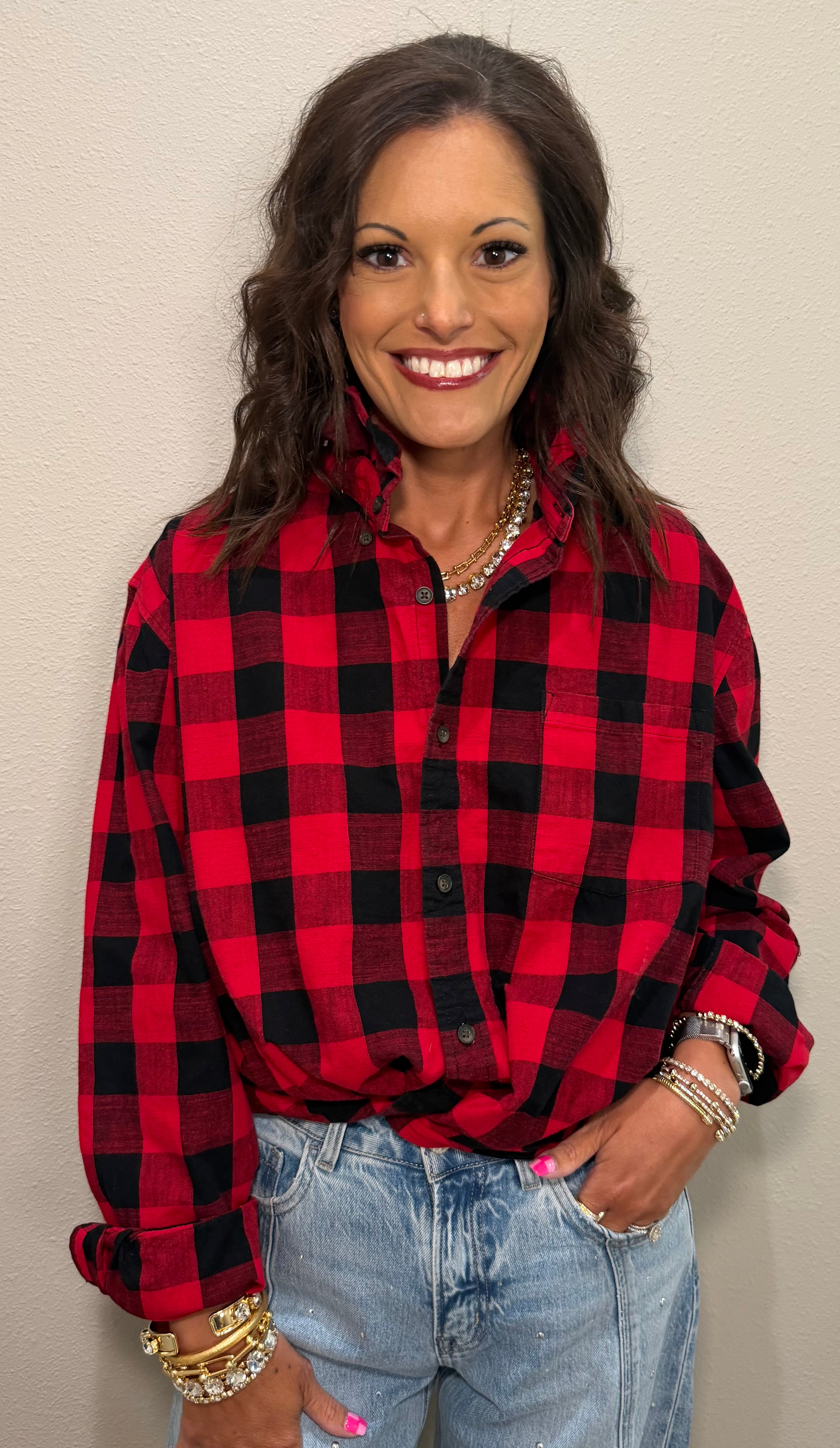 Red & Black Buffalo Check Ruffle Collar Shirt