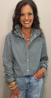 Dark Hunter Green Plaid Ruffle Collar Button Down Top