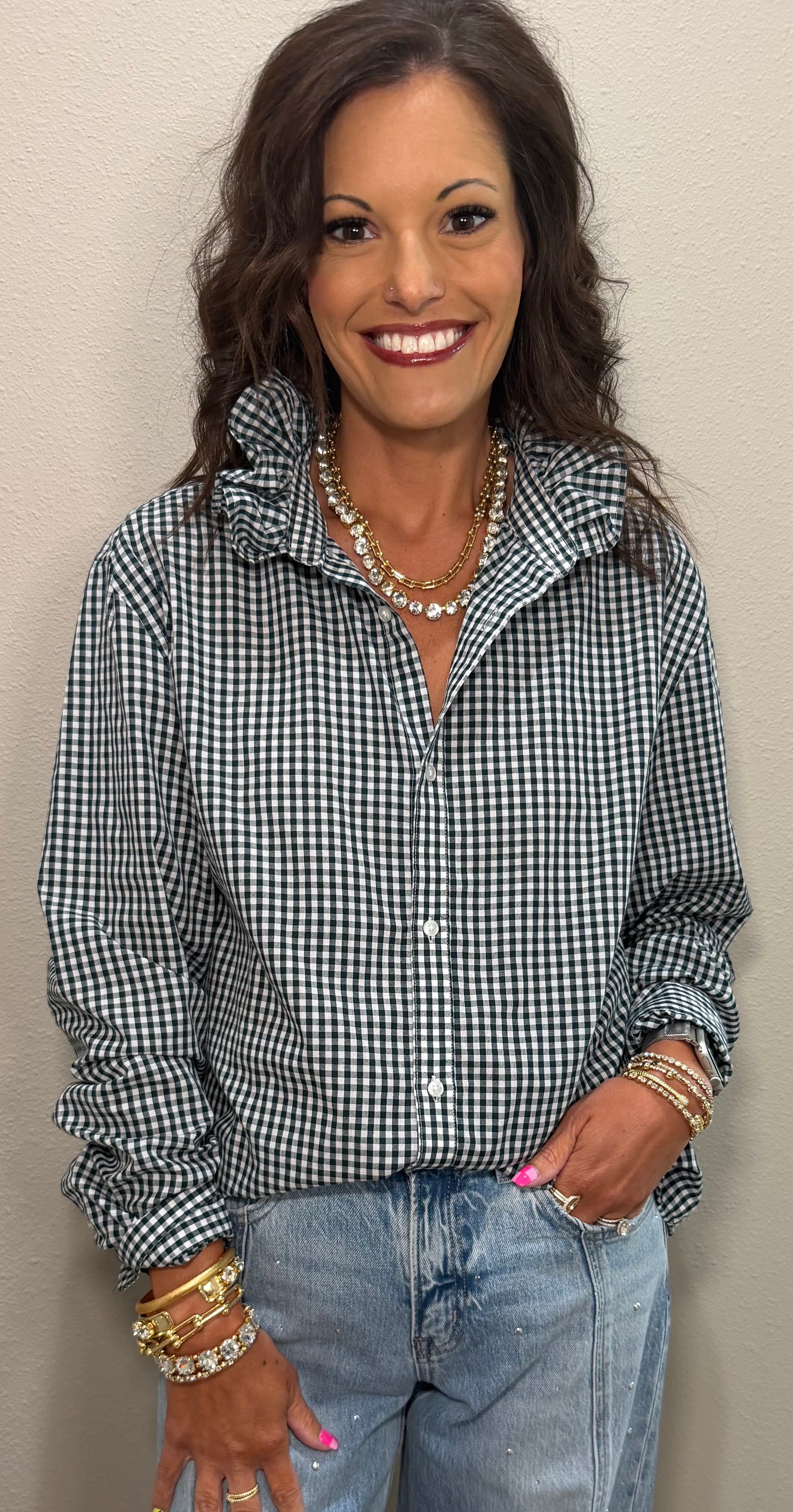 Dark Hunter Green Plaid Ruffle Collar Button Down Top
