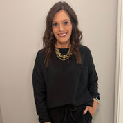 Black Cozy Waffle Long Sleeve Lounge Set