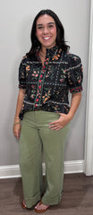 Black Floral Puff Sleeve Button Down Top