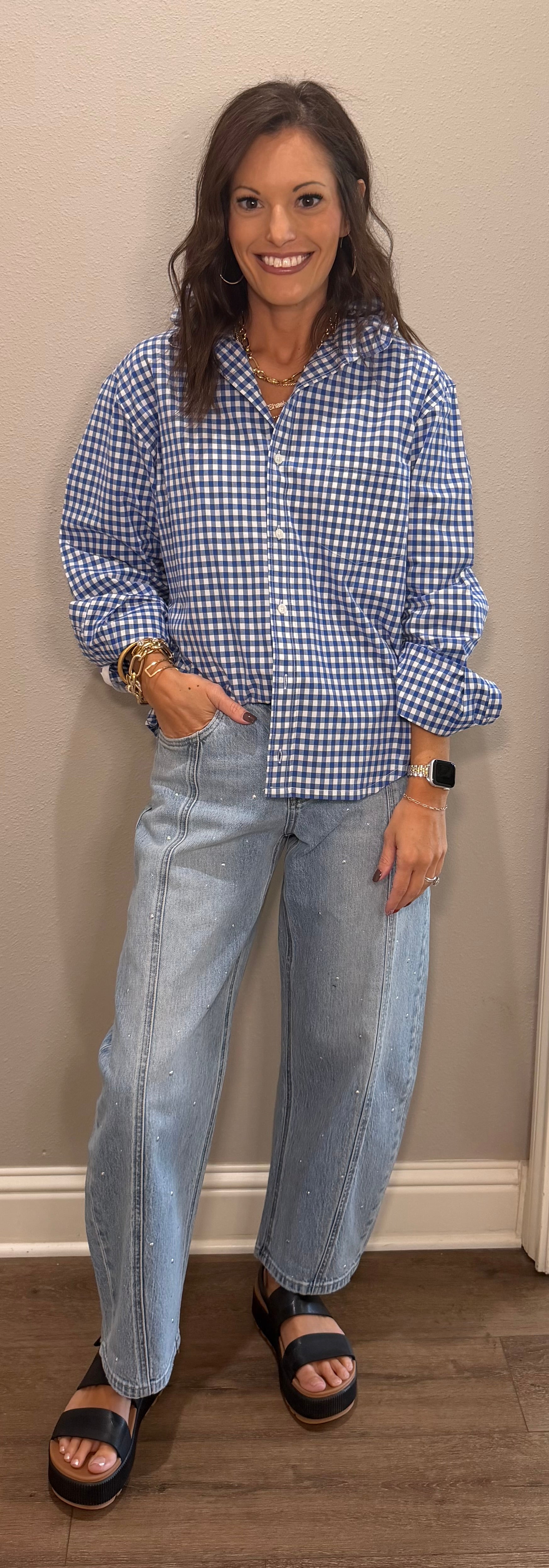 Blue/White Bigger Plaid Ruffle Collar Button Down Top