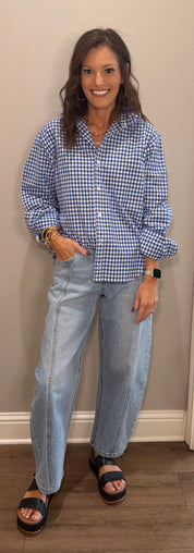 Blue/White Bigger Plaid Ruffle Collar Button Down Top