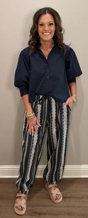 Midnight Navy Puff Sleeve Button Down Top