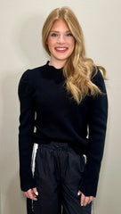 Black Scallop Hem Puff Sleeve Ribbed Long Sleeve Top