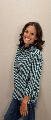 Mint/Navy Plaid Ruffle Collar Top